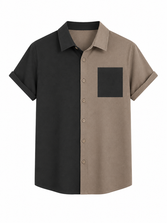 Happy Young Apparel Men's Premium Black & Khaki Color Block Casual Button-Up Shirt