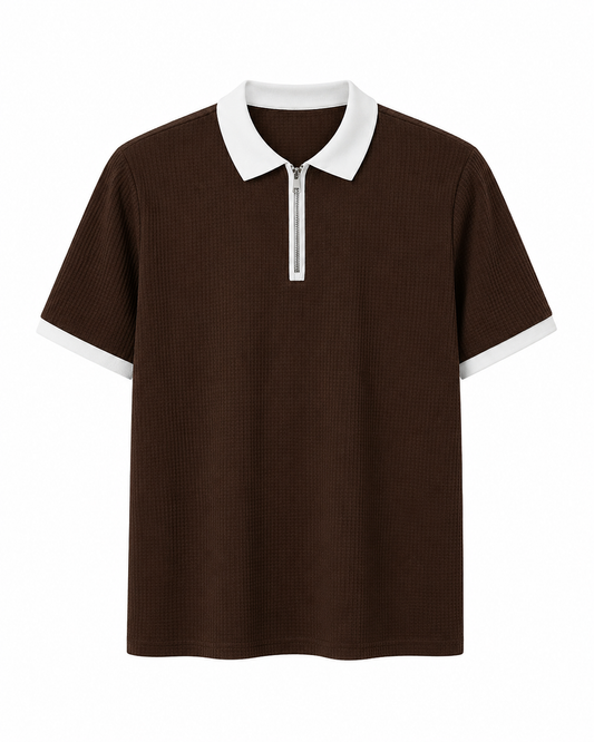 Happy Young Apparel Men's Premium Brown Textured Quarter Zip Polo Shirt